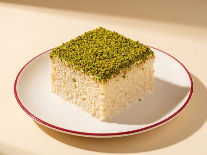 A pistachio trilece, the three-milk cake explained, made fresh at Ruma in Amsterdam