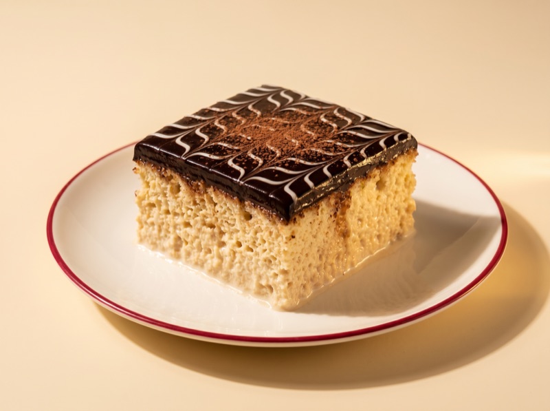 A chocolate tres leches, the three-milk cake explained, made at Ruma in Amsterdam