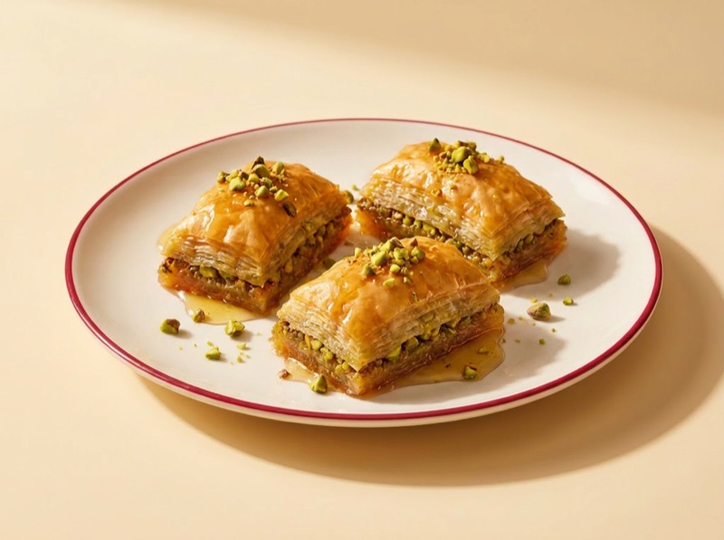 Pistachio baklava soaked in honey, the best baklava in Amsterdam, at Ruma