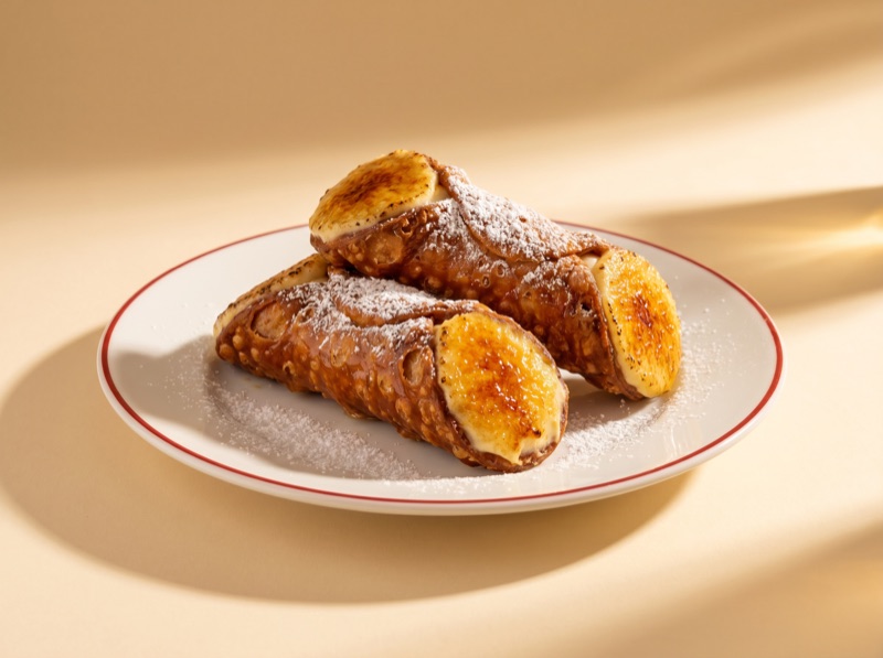 A creme brulee cannoli, among the best cakes and bakes in Amsterdam, at Ruma